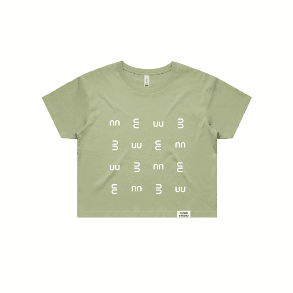 Ringo Studio Pistachio crop Tee with Ringo Studio monogram as textured pattern.