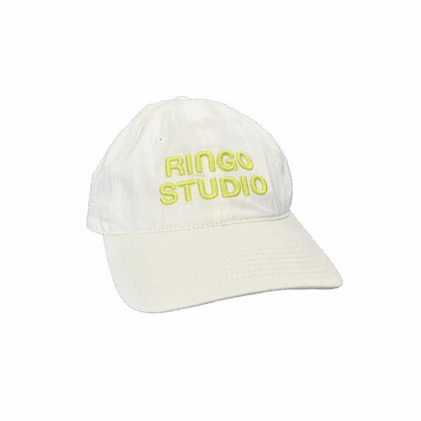 White coloured Ringo Studio cap with lime coloured embroidered Logo.
