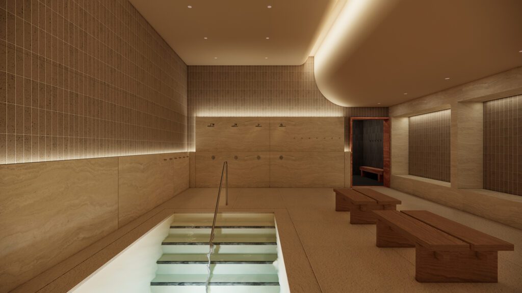 Rendering of Lore Bathing Club cold plunge room with travertine walls and wooden benches, immersive and sculptural design by Ringo Studio in NYC